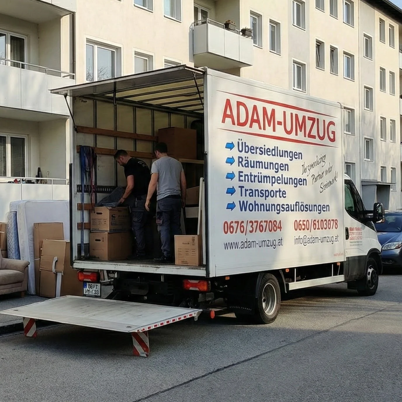 ADAM-UMZUG Team belädt den Transporter bei einer Übersiedlung